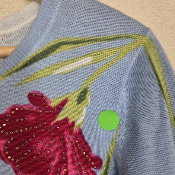 Quacker Factory Cardigan Sweater sz L Blue Multi Floral 100% Cotton Rhinestones - Picture 7 of 13